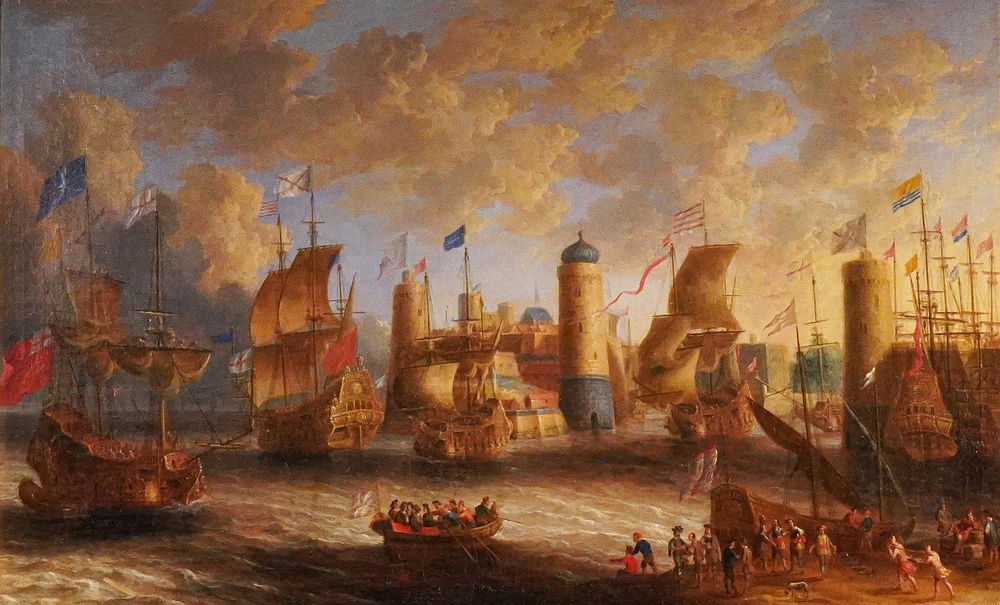 A Harbour Scene with a Fleet Departing and Figures in the Foreground